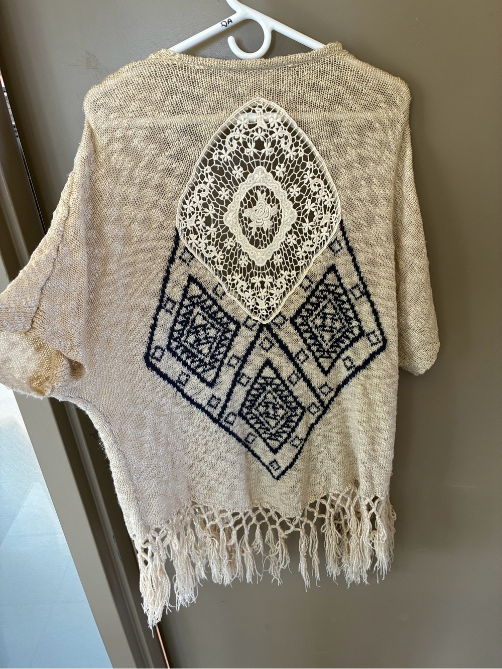 Cato Beige Crochet-Back Fringe Kimono Cardigan - Picture 2 of 3